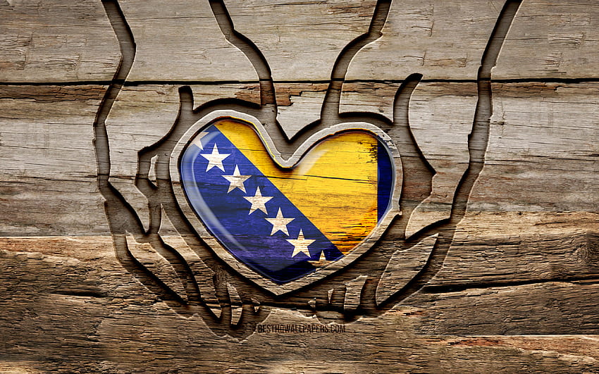 Me encanta Bosnia y Herzegovina, manos talladas en madera, Día de Bosnia y Herzegovina, Bandera de Bosnia y Herzegovina, creativo, bandera bosnia, Cuidar Bosnia y Herzegovina, tallado en madera, Europa, Bosnia y Herzegovina fondo de pantalla