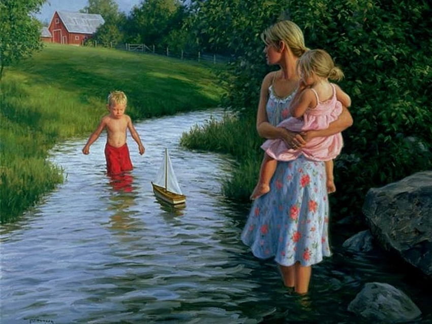 Lukisan oleh Robert Duncan, sungai, perahu, robert duncan, anak-anak, lukisan, seni, ibu, alam Wallpaper HD