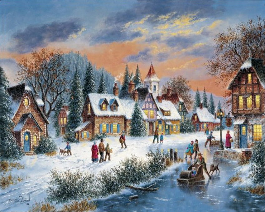 Di Dennis Lewan, inverno, fiume, pittura, dennis lewan, arte, neve, cottage, ghiaccio Sfondo HD