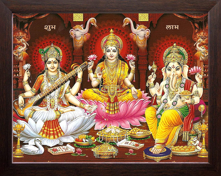 Art n Store MATA Lakshmi with Devi Saraswati & Lord Ganesha Printed Religious & Decor with Plane Brown Frame (30 X 23.5 X 1.5 cm_ Brown Wood) : Home & Kitchen, Laxmi Ganesh Saraswati HD wallpaper