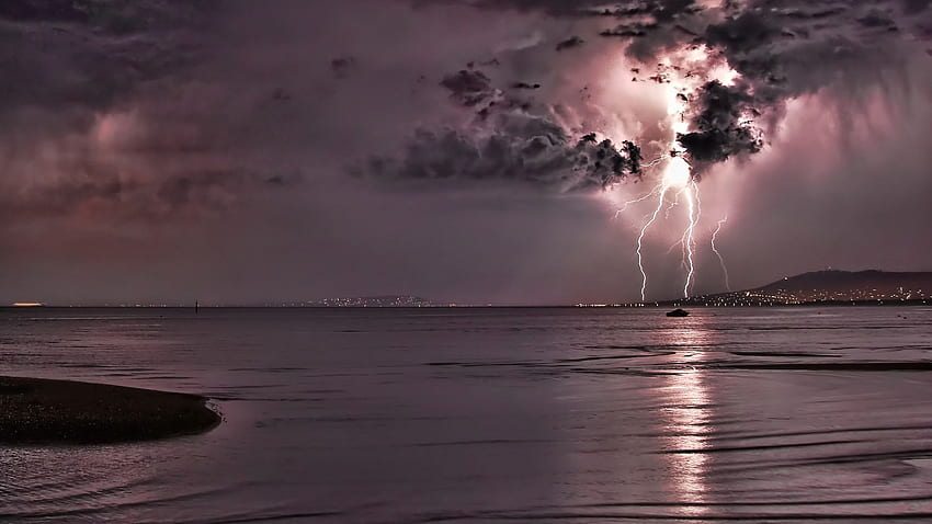 Lightning storm rain clouds electric water reflection HD wallpaper