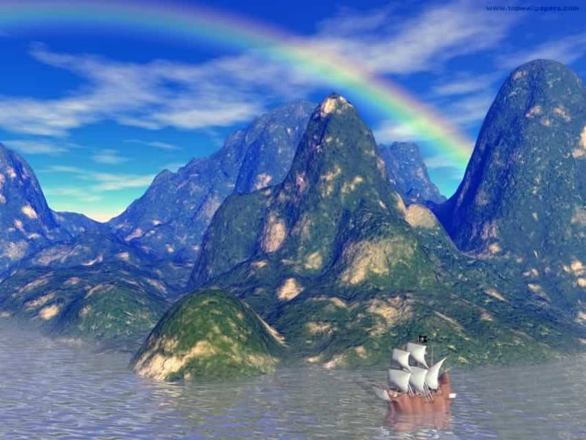 Over The Rainbow、帆船、海、山、虹 高画質の壁紙