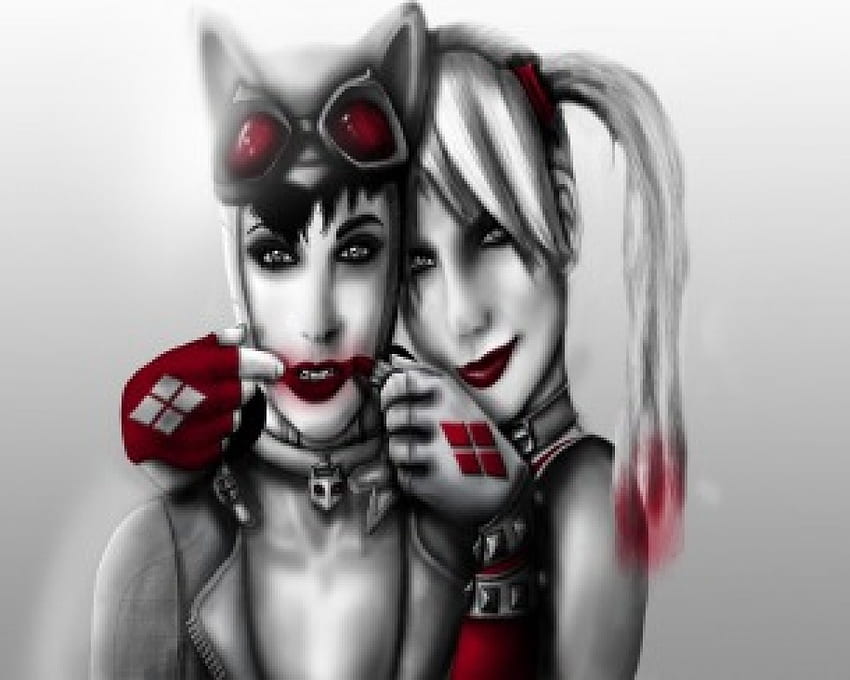 Smile Girlfriend, Harley Quinn, lápiz labial, rojo, negro, gris, Catwoman fondo de pantalla