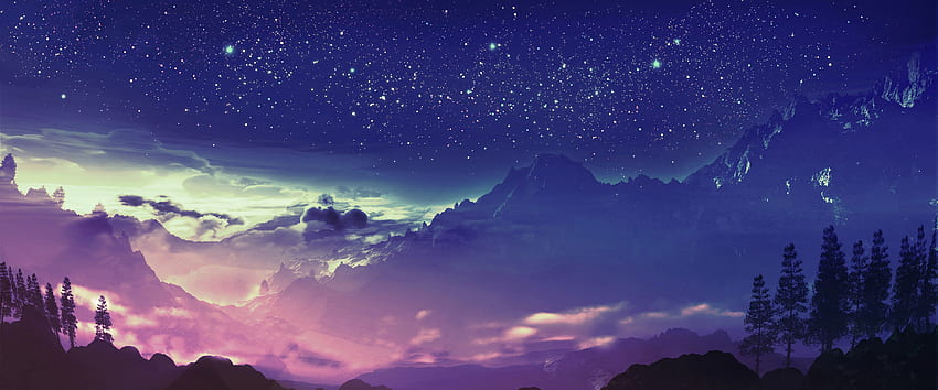 山の夜の風景、星、風景、アニメ, 3840X1600 アニメ 高画質の壁紙