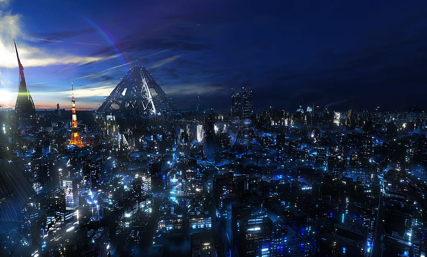 blue building city guilty crown landscape redjuice scenic sky, Town Scenery Anime HD wallpaper