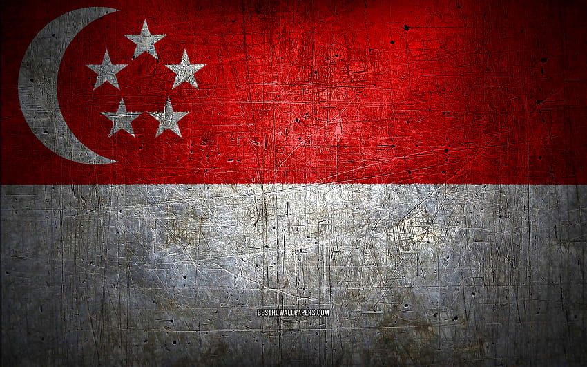 Singaporean metal flag, grunge art, asian countries, Day of Singapore, national symbols, Singapore flag, metal flags, Flag of Singapore, Asia, Singaporean flag, Singapore HD wallpaper