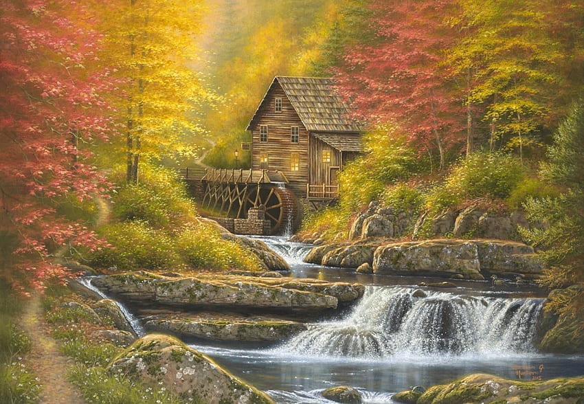 Autumn, abraham hunter, painting, art, pictura, house, waterfall, cottage HD wallpaper