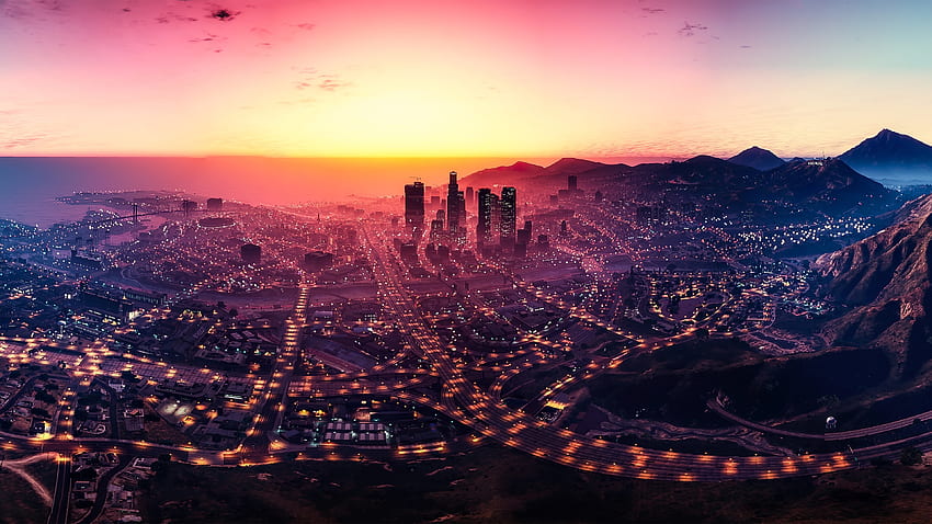 Los Santos, GTA V, şehir manzarası, Gün batımı, oyun HD duvar kağıdı