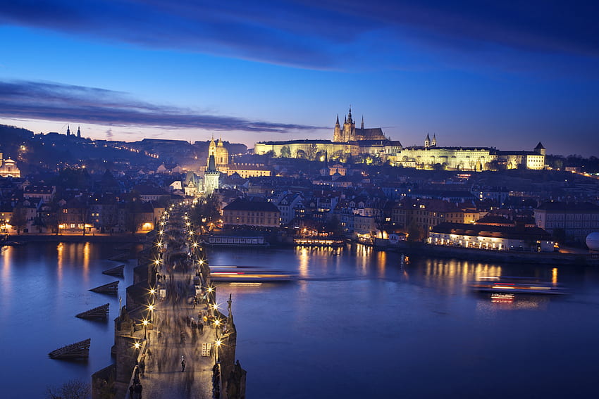 Tschechisch, Republik, Prag, Burg, Karl, Brücke, Nacht, Lichter, Brücke, Fluss / und mobiler Hintergrund, Prager Nacht HD-Hintergrundbild