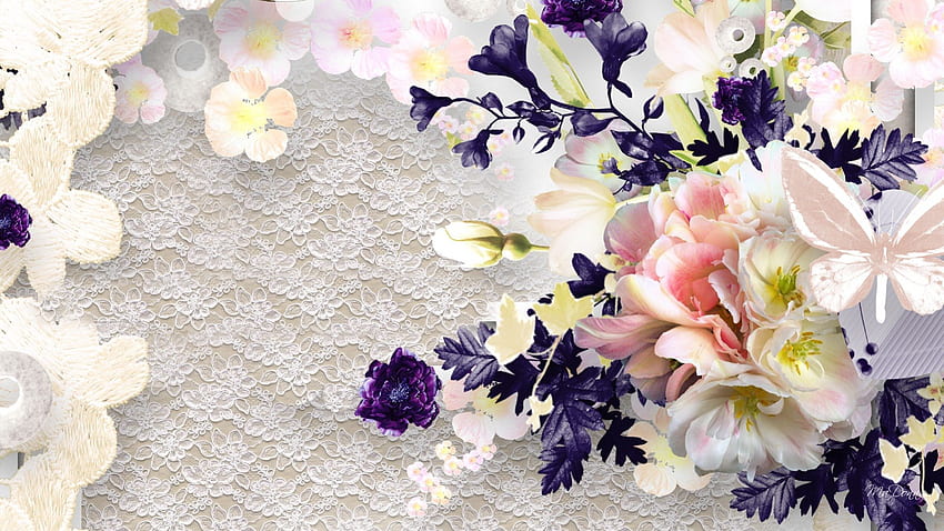 Flowers and Lace, leaves, buds, butterfly, blossoms, floral, flowers, lace, blooms HD wallpaper