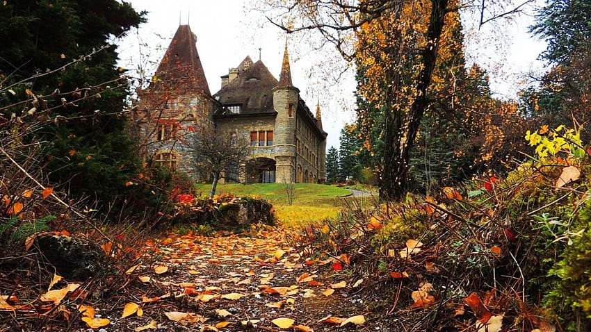葉の家。 ビクトリア朝のドールハウス、ハロウィーンの家と灯台、秋の家 高画質の壁紙