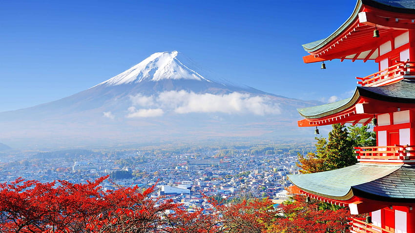View Of Mount Fuji From A Red Pagoda, Tokyo U , Japan Pagoda HD wallpaper