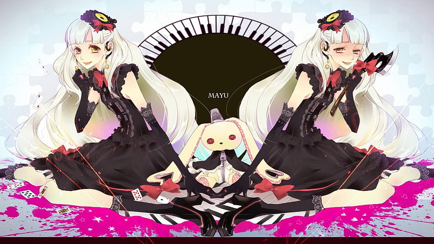 Mayu, gelbe Augen, Kleider, Handschuhe, Schleifen, Vocaloid, langes Haar, Anime, weißes Haar, Waffe, Kopfschmuck, Stiefel HD-Hintergrundbild