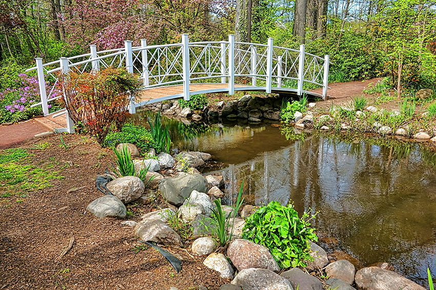 Parque de los puentes de la naturaleza Pond stone, Spring Bridge fondo de pantalla