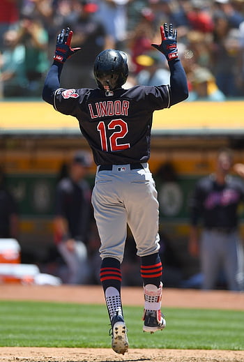 Cleveland Indians Francisco Lindor celebrates after hitting a solo