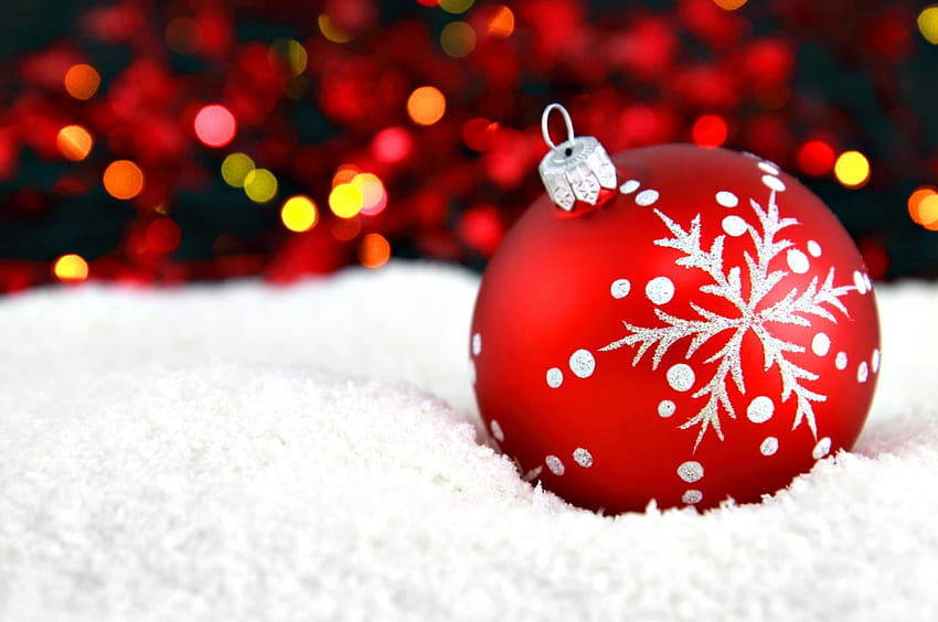 Christmas Ball, bokeh, holidays, colors, beauty, xmas, red ball, snowflakes, holiday, snow, magic christmas, christmas balls, happy holiday, merry christmas, magic, balls, beautiful, red balls, pretty, christmas, ball, red, lovely HD wallpaper
