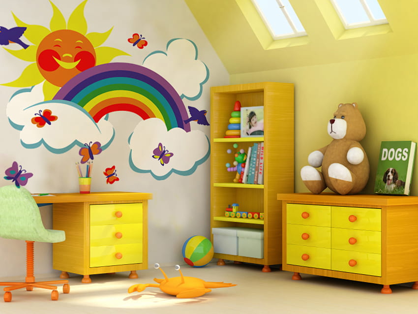 Ruang pelangi ;), sinar matahari, mainan, masa kecil, kamar, anak-anak, cantik, kupu-kupu, mebel, pelangi, keluarga, kuning, awan, alam, matahari, selamanya Wallpaper HD