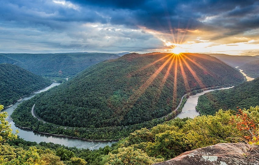 West Virginia Sunset, West Virginia, Valley, Sunset, Mountains, River HD wallpaper