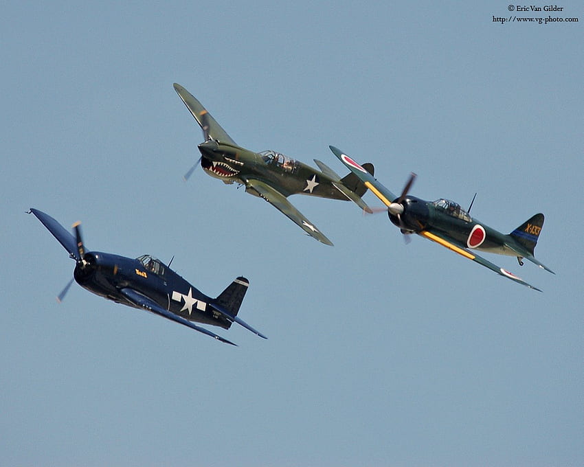 見てみましょう...ヘルキャット、P-40、日本のゼロ、軍事、翼、太平洋、飛行機、火力 高画質の壁紙