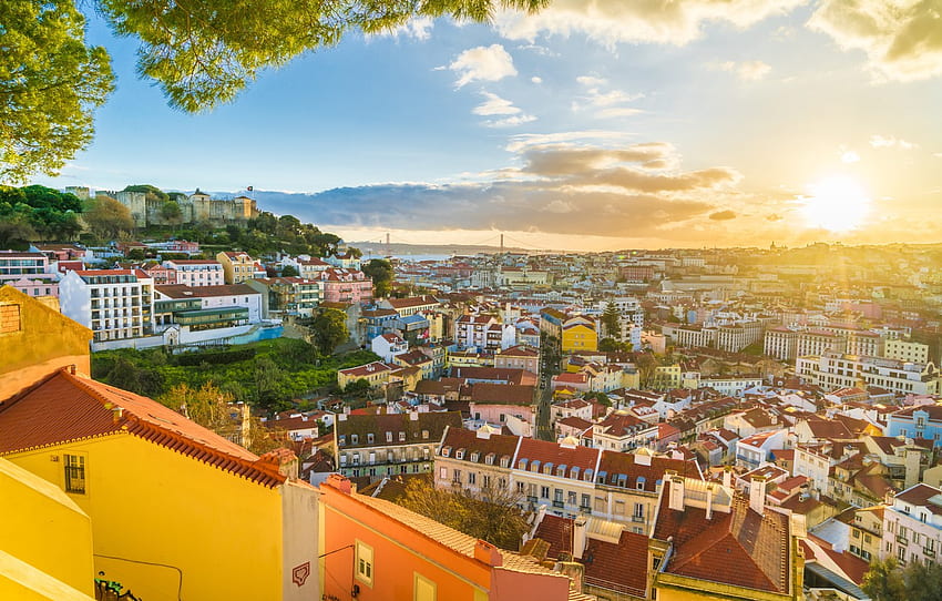 słońce, dom, panorama, Portugalia, Lizbona dla , sekcja город Tapeta HD
