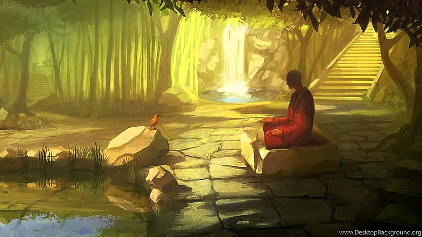 Meditationsmusik: Meditierender Buddhist mit friedlichem . Hintergrund, Buddhismus-Frieden HD-Hintergrundbild