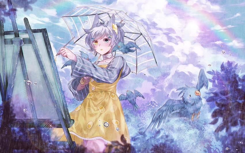 Anime Girl, Raining, Animal Ears, Rainbow, Birds, Gray Hair for MacBook Pro 13 inch HD wallpaper
