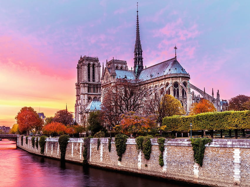 Ile de Notre Dame, Parigi, fiume, Senna, chiesa, Francia, tramonto Sfondo HD