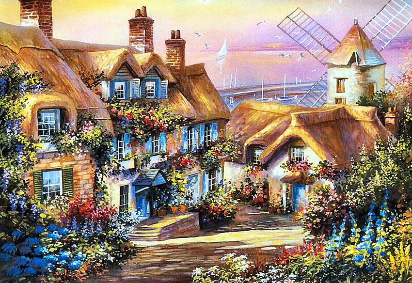 Cobblestone Crossing and the Mill by the Sea, flowers, houses, village, windmill, artwork, painting HD wallpaper