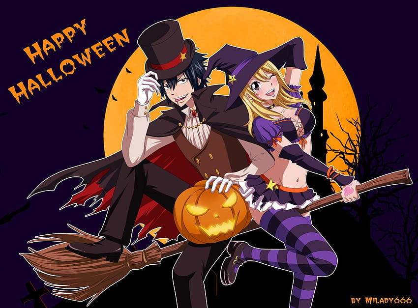 Fairy Tail, halloween, abu-abu, labu, lucy, penyihir Wallpaper HD
