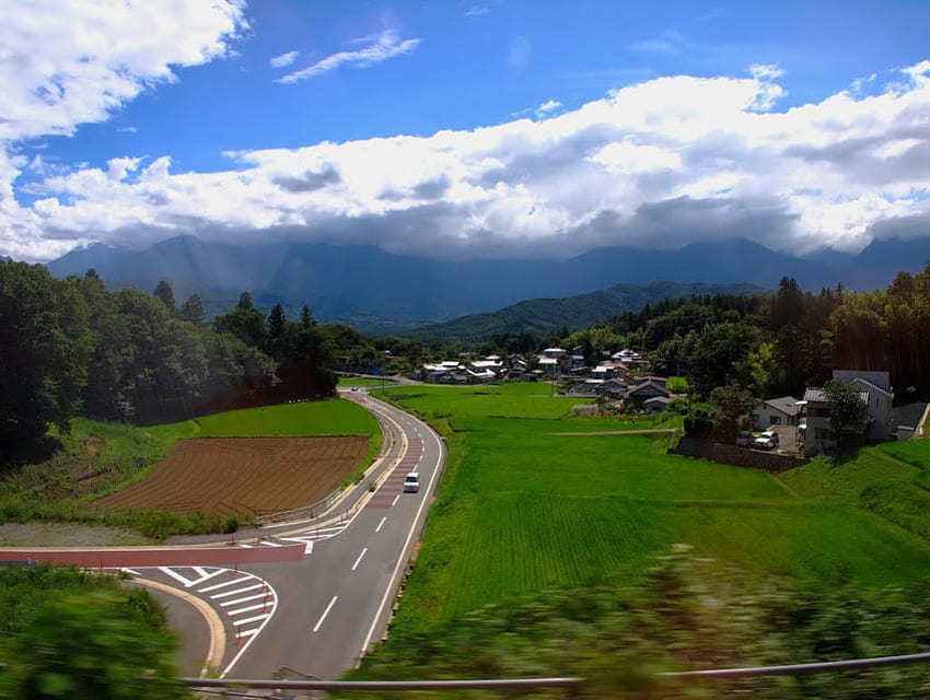Hinoharu in Summer, summer, japanese, scenery, town, japan, fields, nature HD wallpaper