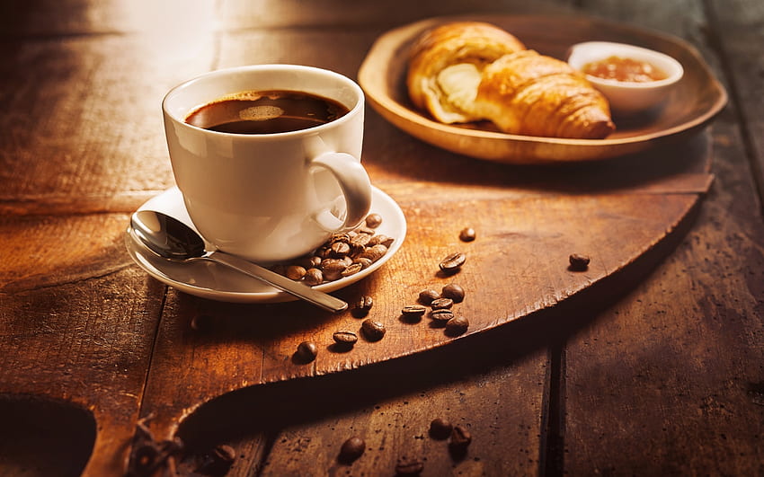Breakfast Coffee, coffee, beans, croissant, cup, wooden HD wallpaper