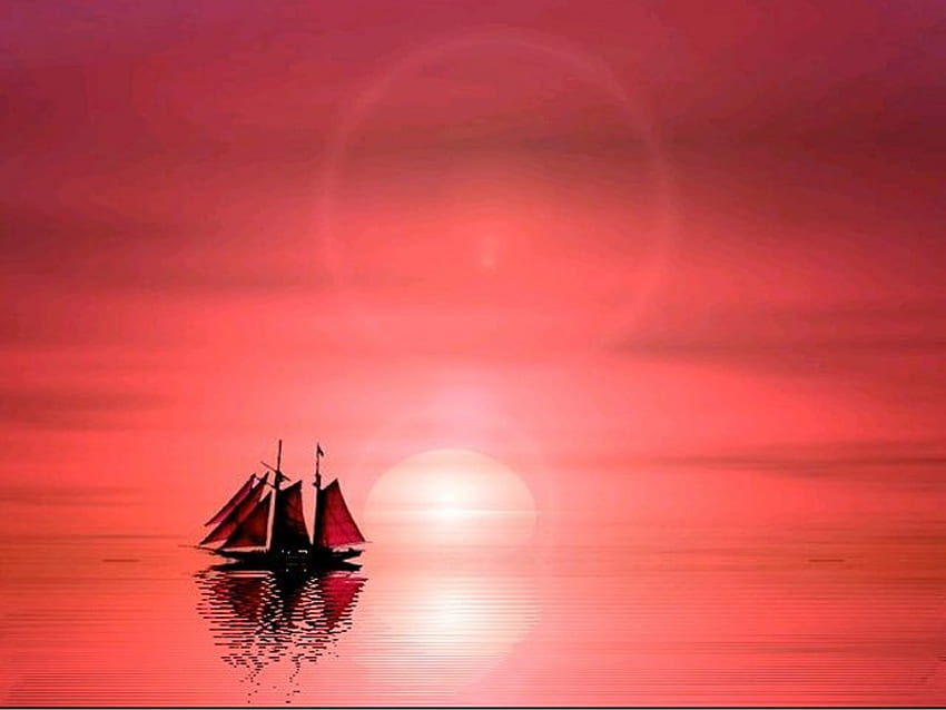 LAYAR MERAH DI SUNSET, indah, perahu layar, matahari, terbenam Wallpaper HD