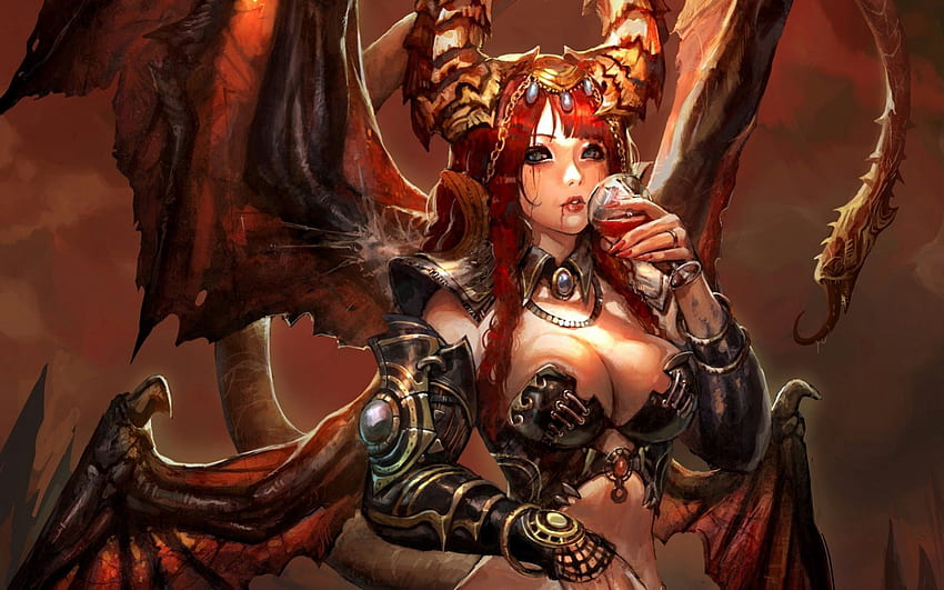 Fantasy girl, wings, black, horns, succubus, bat, girl, orange, demon, woman, fantasy, red HD wallpaper