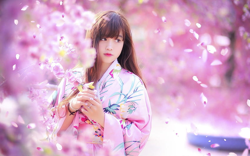 Lovely Japanese girl, spring, sakura, kimono HD wallpaper