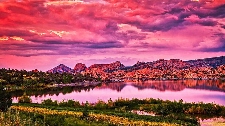 A beautful sunset adorns Watson Lake at Granite Dells near Prescott, Arizona, sunset, reflections, water, mountains, rocks, usa HD wallpaper