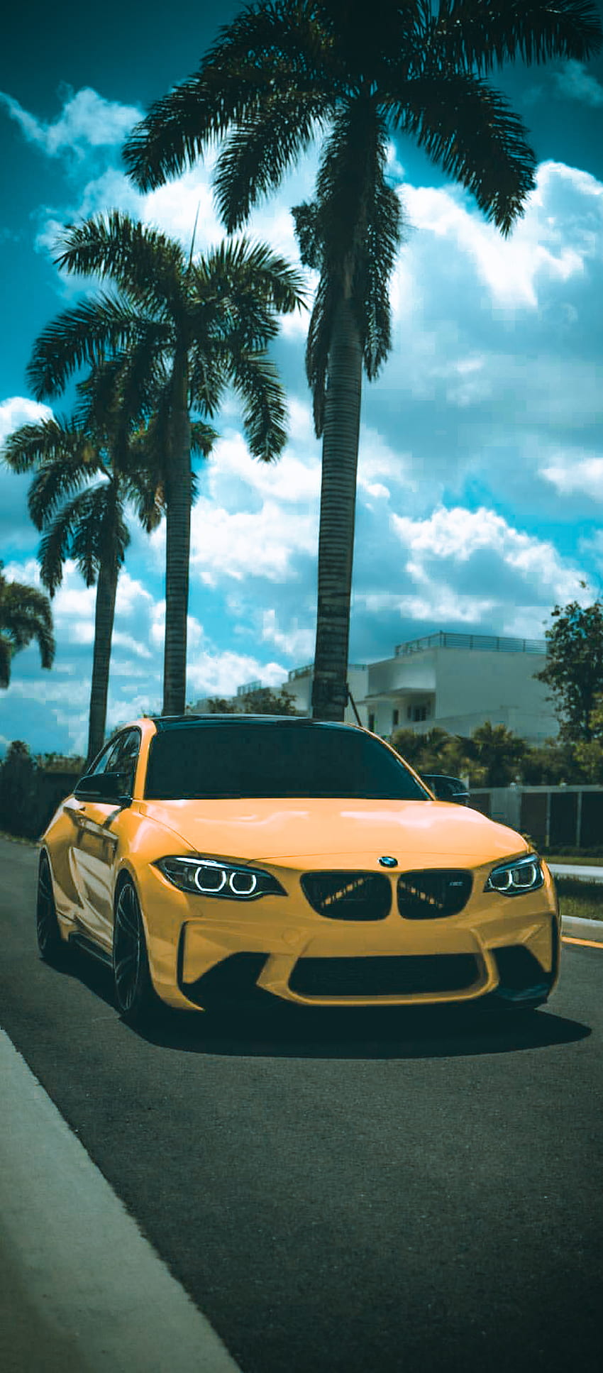 BMW m2, nube, cielo, coche, amarillo fondo de pantalla del teléfono