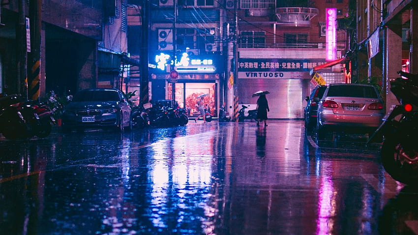 rain, lights, city street, reflections, , , background, 6d4c6d, Rainy City Street HD wallpaper