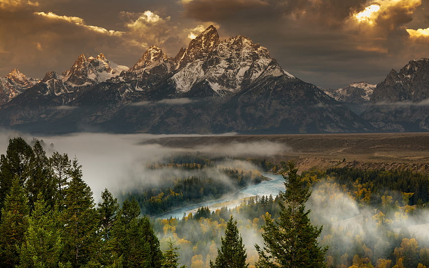 mountain landscape, rocks, morning, sunrise, mountains, mountain river, fog, forest, autumn, Grand Teton National Park, Wyoming, USA HD wallpaper