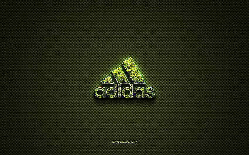Adidas logosu, yeşil yaratıcı logo, çiçekli sanat logosu, Adidas amblemi, yeşil karbon fiber doku, Adidas, yaratıcı sanat HD duvar kağıdı