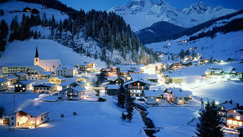 Beautiful Alpine Village At Night HD wallpaper