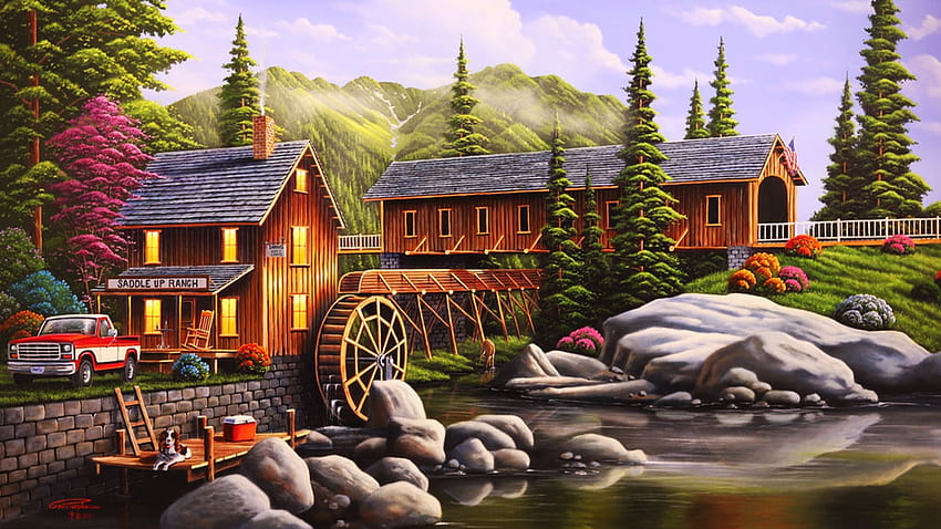 Saddle Up Ranch, dzieło sztuki, pokryte, rzeka, , drzewa, most, młyn wodny, kamienie, samochód Tapeta HD