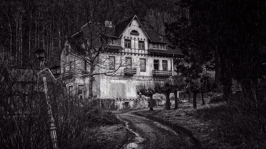 Czarno-biały nawiedzony dom, przerażający czarno-biały Tapeta HD