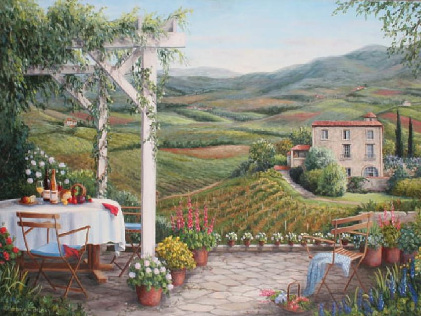 Taras z widokiem na winnicę, winnicę, stół, dom, obrus, owoce, krzesła, donice, szkło, taras, wino Tapeta HD