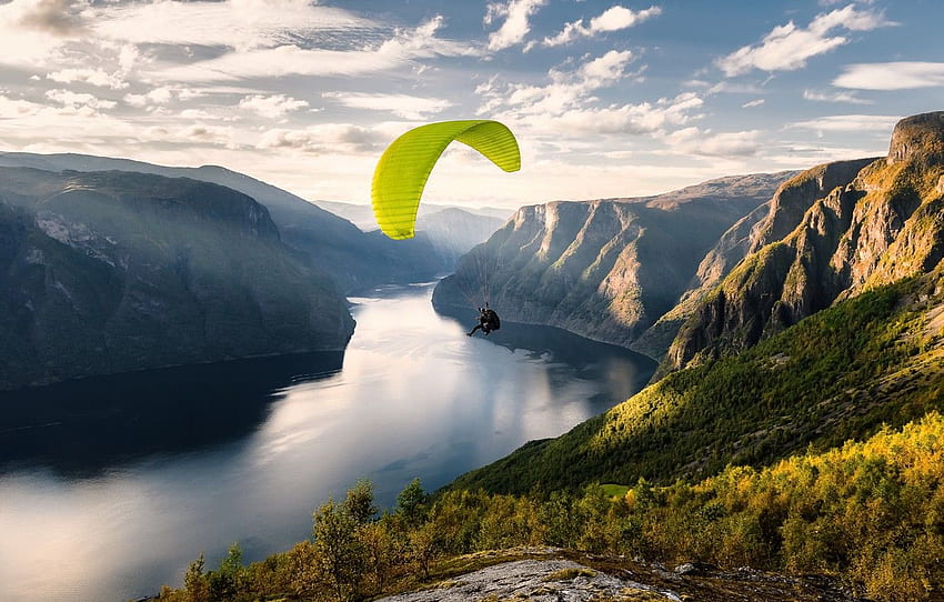 Norway, Aurlandfjord, Paraglider for, Paragliding HD wallpaper