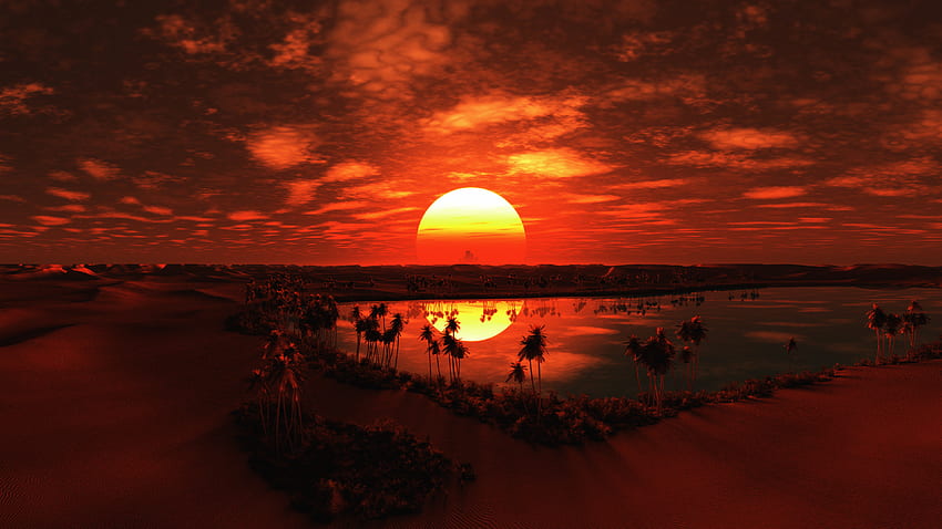 Zachód słońca, czerwone niebo, widok z lotu ptaka, tropikalna czerwień, kraj Tapeta HD
