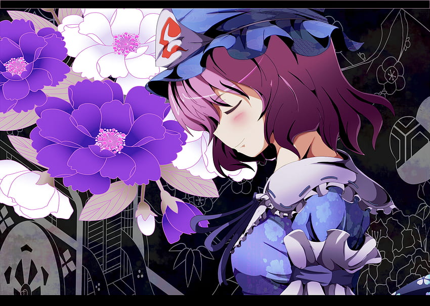 Saigyouji Yuyuko, anime, closed eyes, game, touhou, flowers, hat, female HD wallpaper