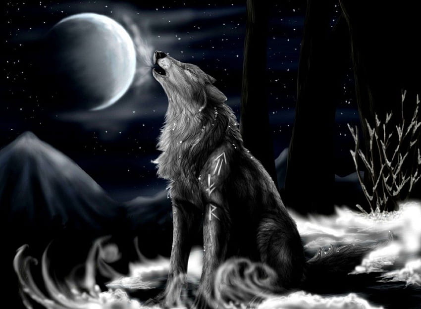 The Full Moon Is Out, черно, пълно, изкуство, , вълк, цифрово, аниме, луна, фентъзи, тъмно, магическо, оригинално, 3D, излязло, тъмно небе HD тапет
