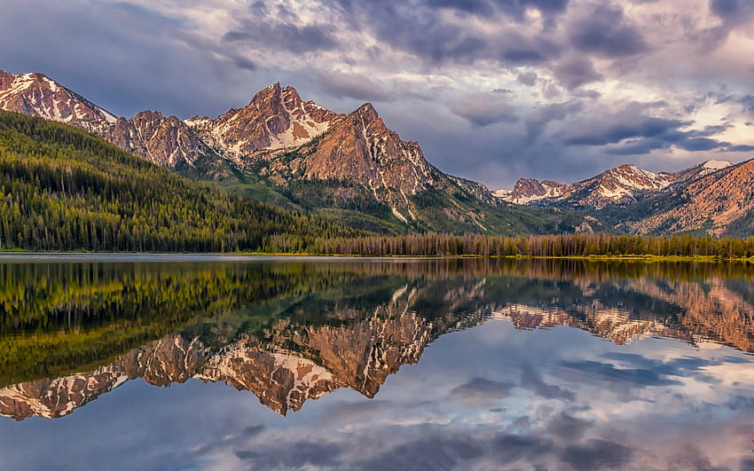 Stanley Lake, mountain lake, evening, sunset, Rocky Mountains, mountain landscape, McGown Peak, Idaho, USA HD wallpaper