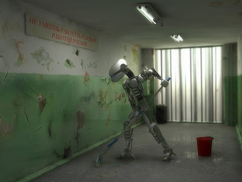 The Janitor, mop, walls, robot, 3d, bucket, hallway HD wallpaper