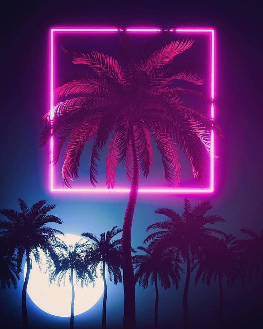 Неонови светлини Palms New Retrowave Synthwave. Изкуство с неонова светлина, Synthwave neon, Synthwave, Neon Palm Tree HD тапет за телефон